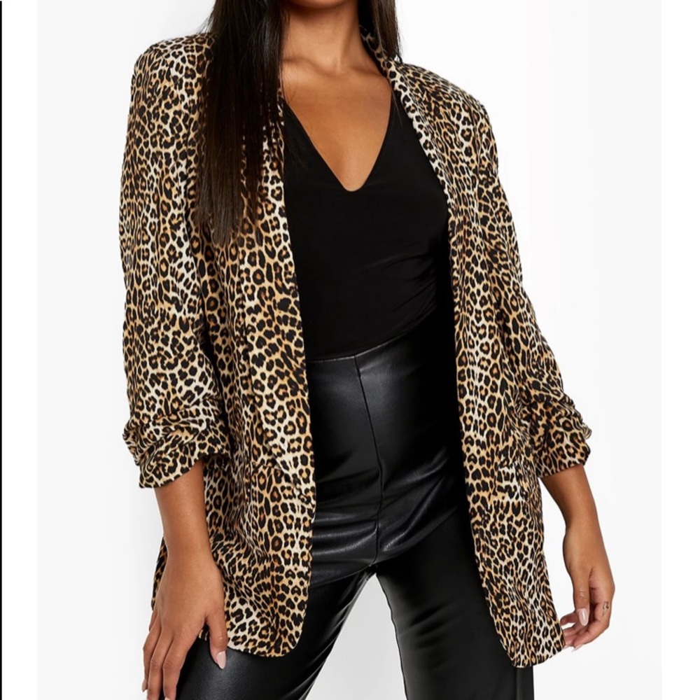 Leopard Ruched Sleeve Blazer